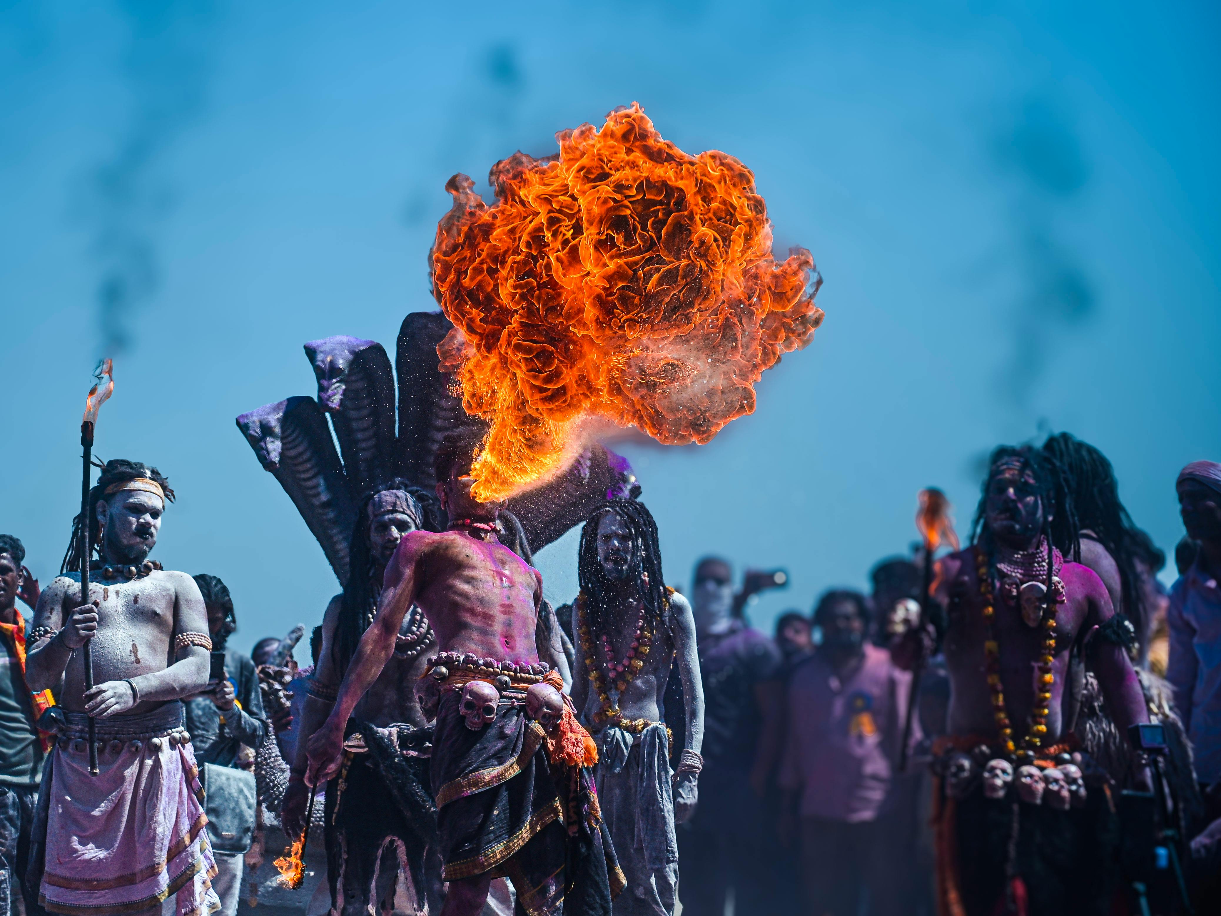 Stunning fire breathing display by Sadhus during a traditional festival in Varanasi, India.
