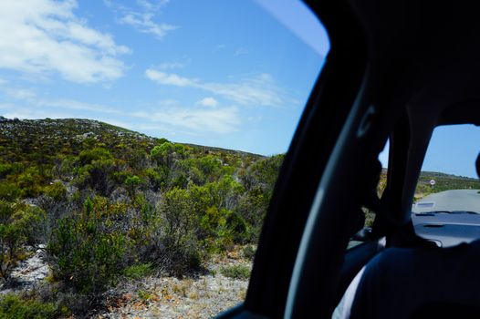 Experience a scenic view of a lush landscape through a car window on a clear day.