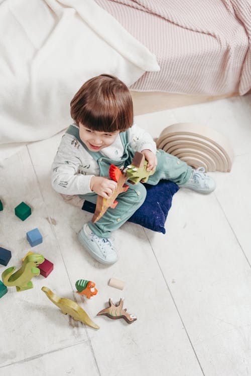 Free Child in White Long-sleeve Top and Teal Dungaree Trousers Playing With Toys Stock Photo