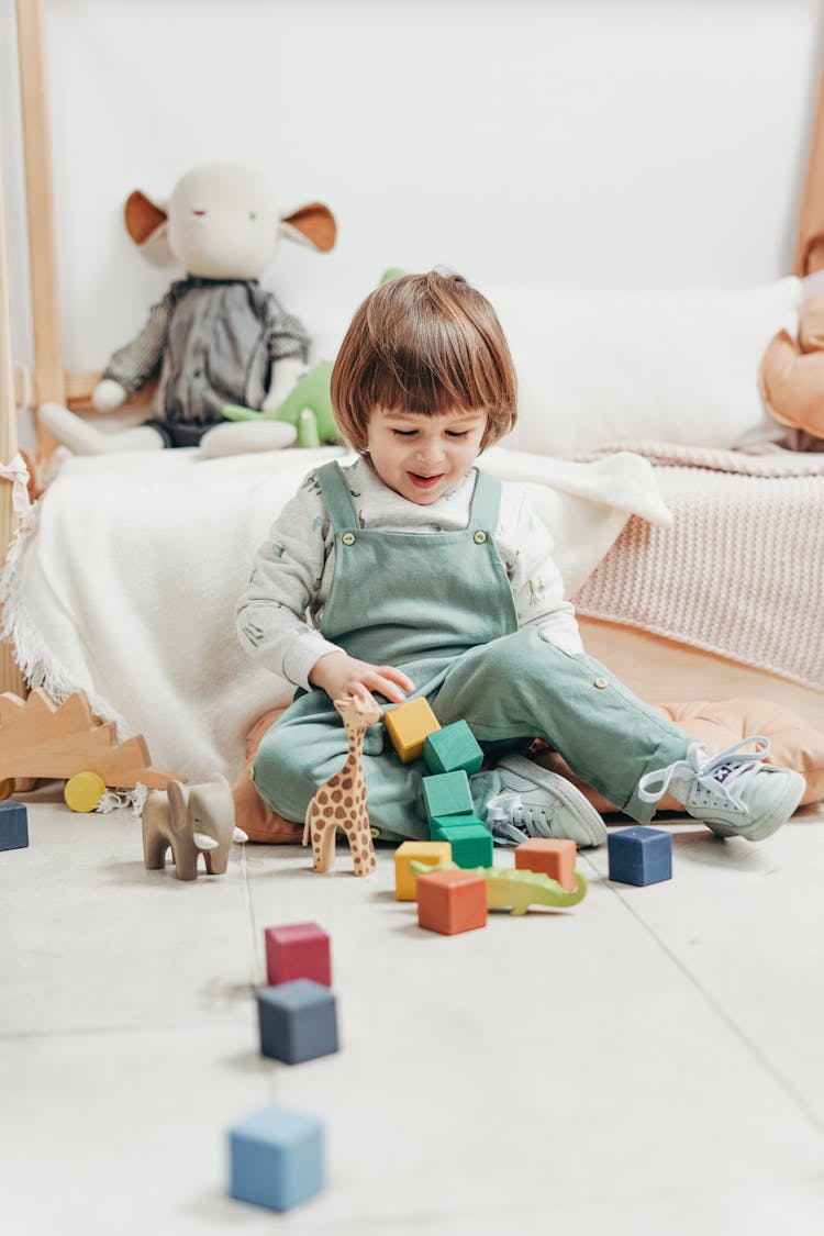 Boy In White Long Sleeve Top And Dungaree Trousers Playing Lego Blocks