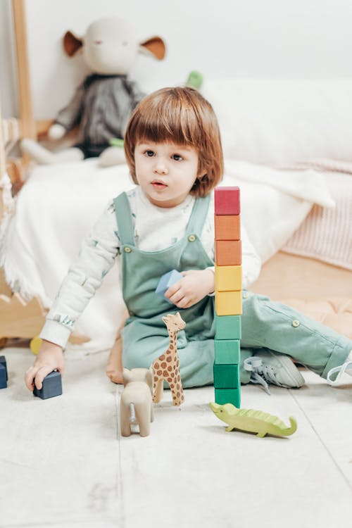 Enfant En Haut à Manches Longues Blanc Et Pantalon Salopette Jouant Avec Des Blocs Lego Et Des Jouets