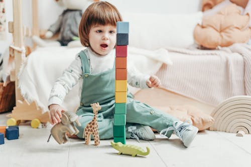 бесплатная ребенок в белом топе с длинными рукавами и зеленых брюках комбинезоне играет с кубиками и игрушками Lego Стоковое фото