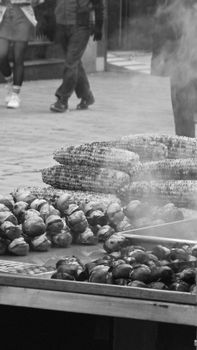 Black and white street scene featuring roasted corn and chestnuts with pedestrians.