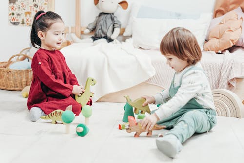 Dua Anak Duduk Bermain Dengan Mainan