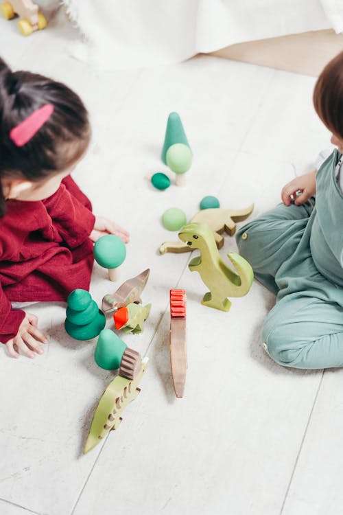 Deux Enfants Assis Jouant Avec Des Jouets