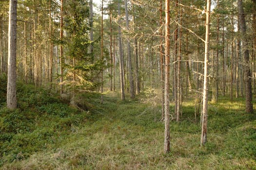 A peaceful view of a lush pine forest with sunlit trees, capturing the essence of untouched nature.