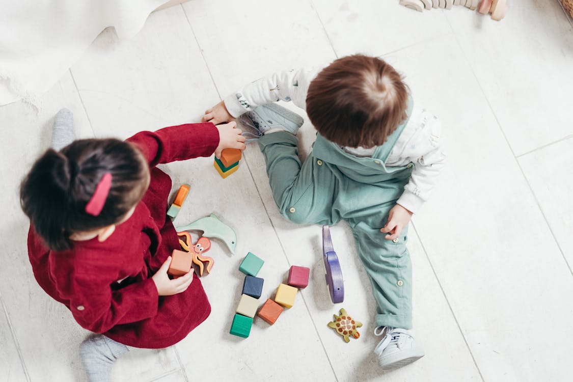 Deux Enfants Assis Jouant Avec Des Blocs Lego