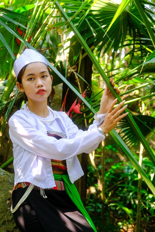 Free Young woman in traditional attire posing in the lush greenery of Hue, Vietnam. Stock Photo