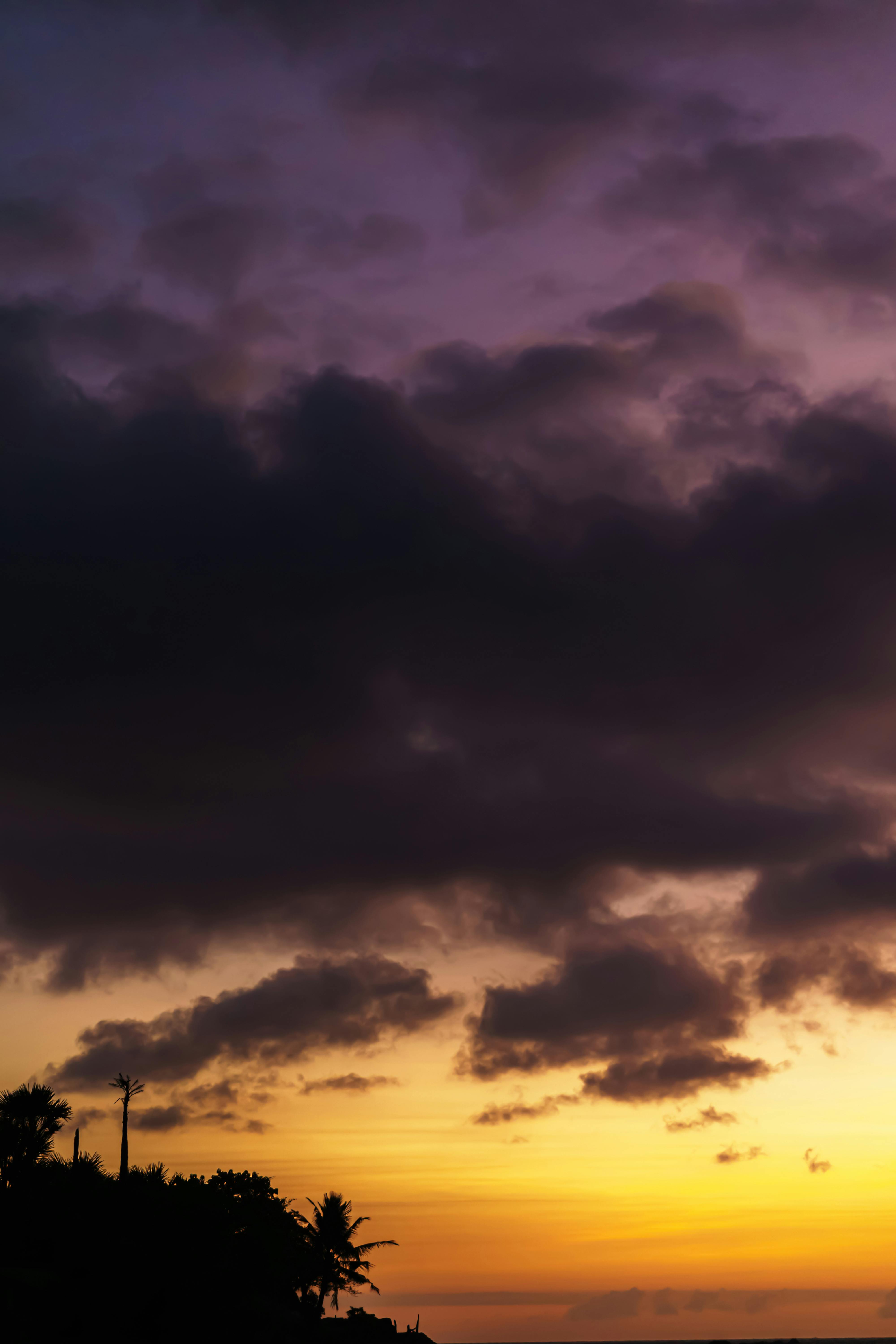 Безкоштовне Драматичний захід сонця з темними хмарами та силуетами дерев, що створює яскравий вечірній пейзаж. стокове фото