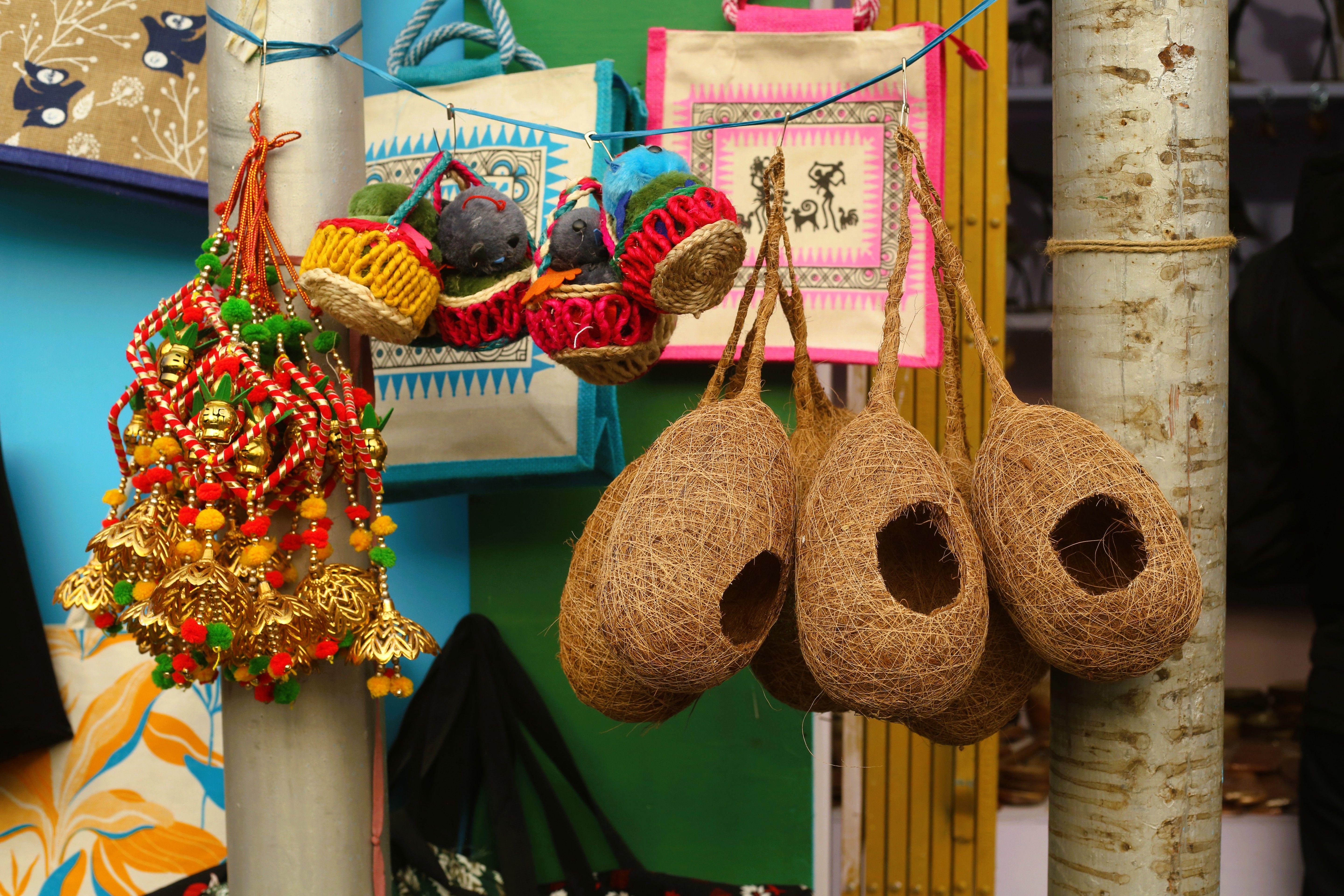 Colorful assortment of handcrafted items at an artisan market.