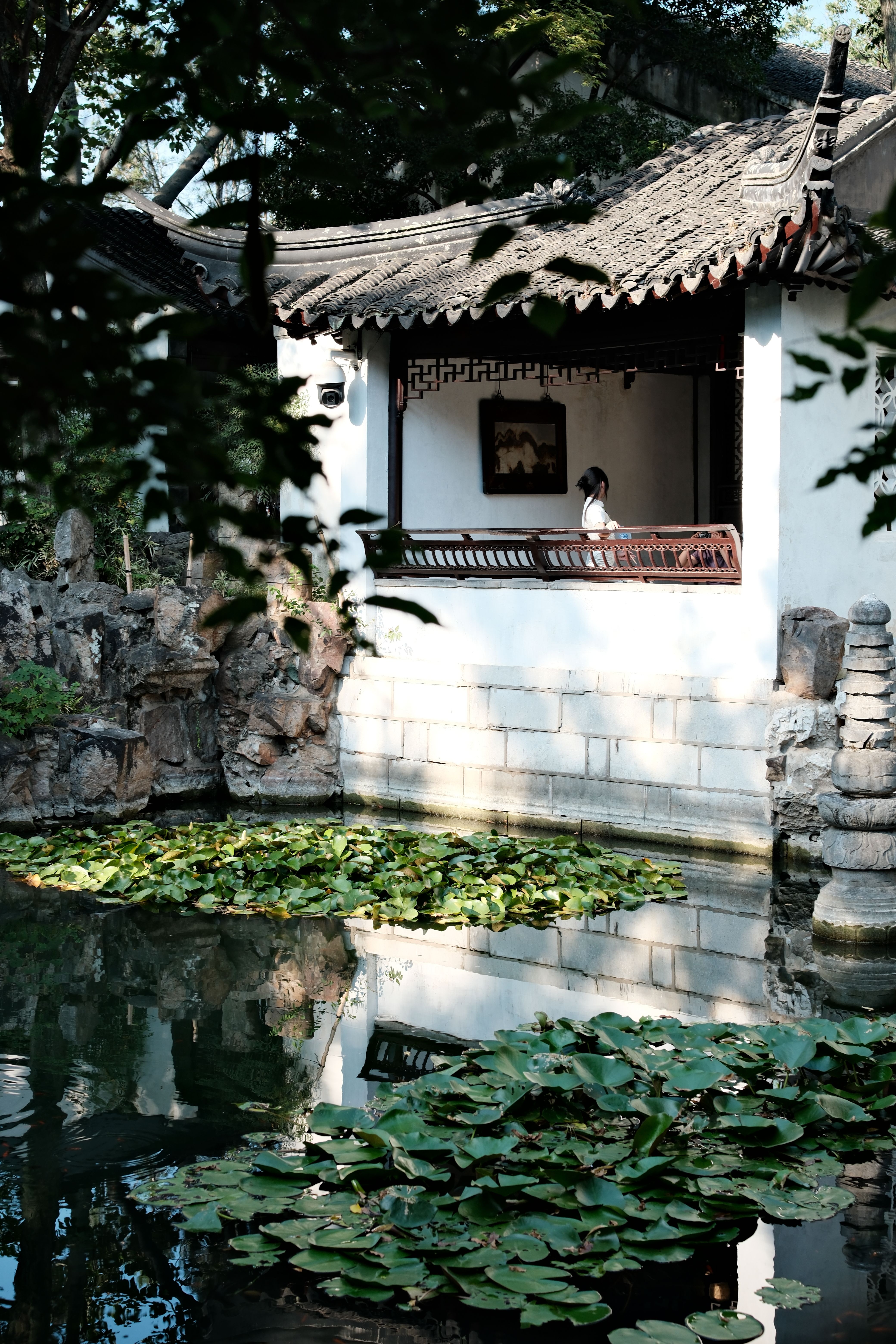 Peaceful view of a traditional Chinese garden with lotus pond reflection in Suzhou, China.