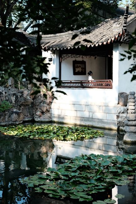 Peaceful view of a traditional Chinese garden with lotus pond reflection in Suzhou, China.