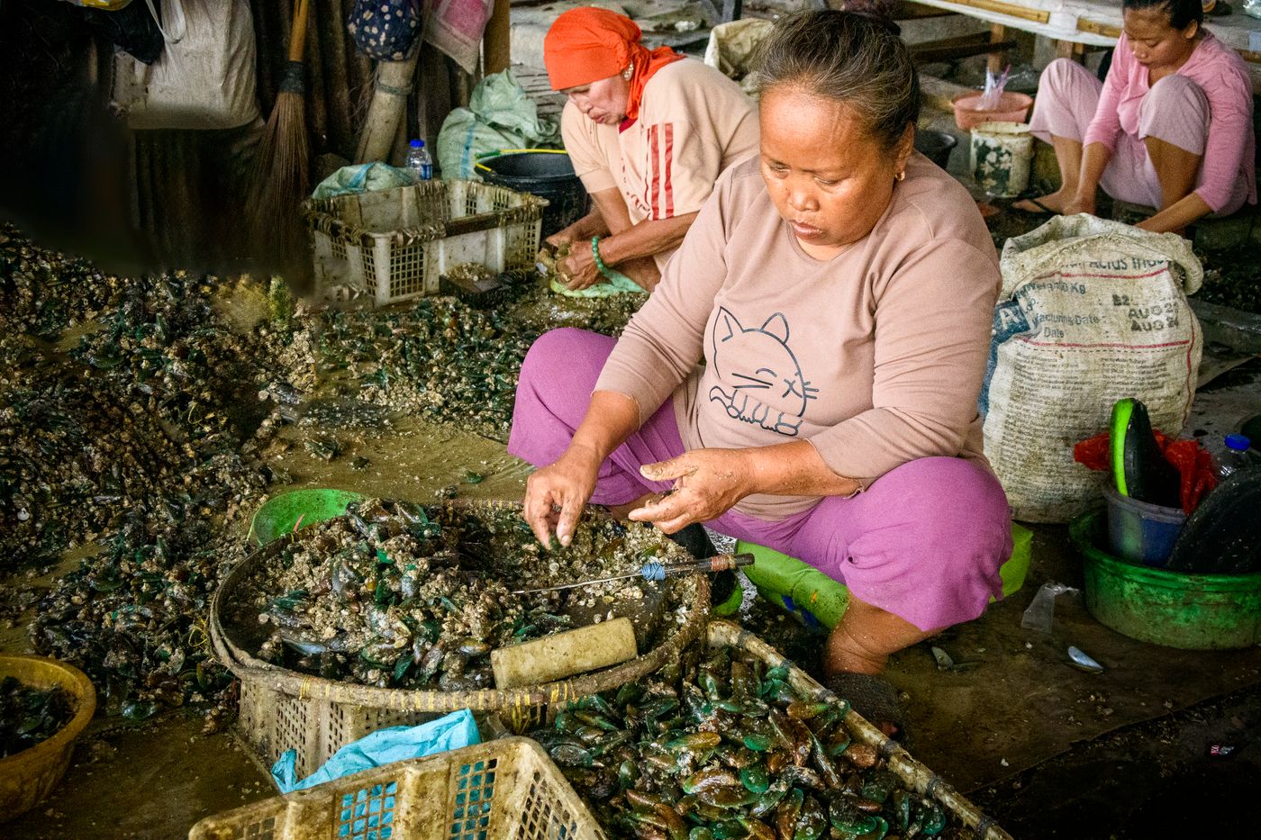 Workers sorting shellfish in a processing room