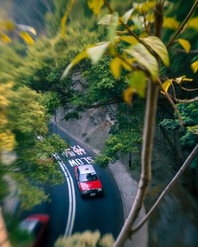 Aerial view of a red taxi navigating a tree-lined road in Hong Kong.
