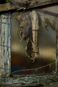 A rustic window with a tattered cloth hanging, evoking themes of decay and nostalgia.