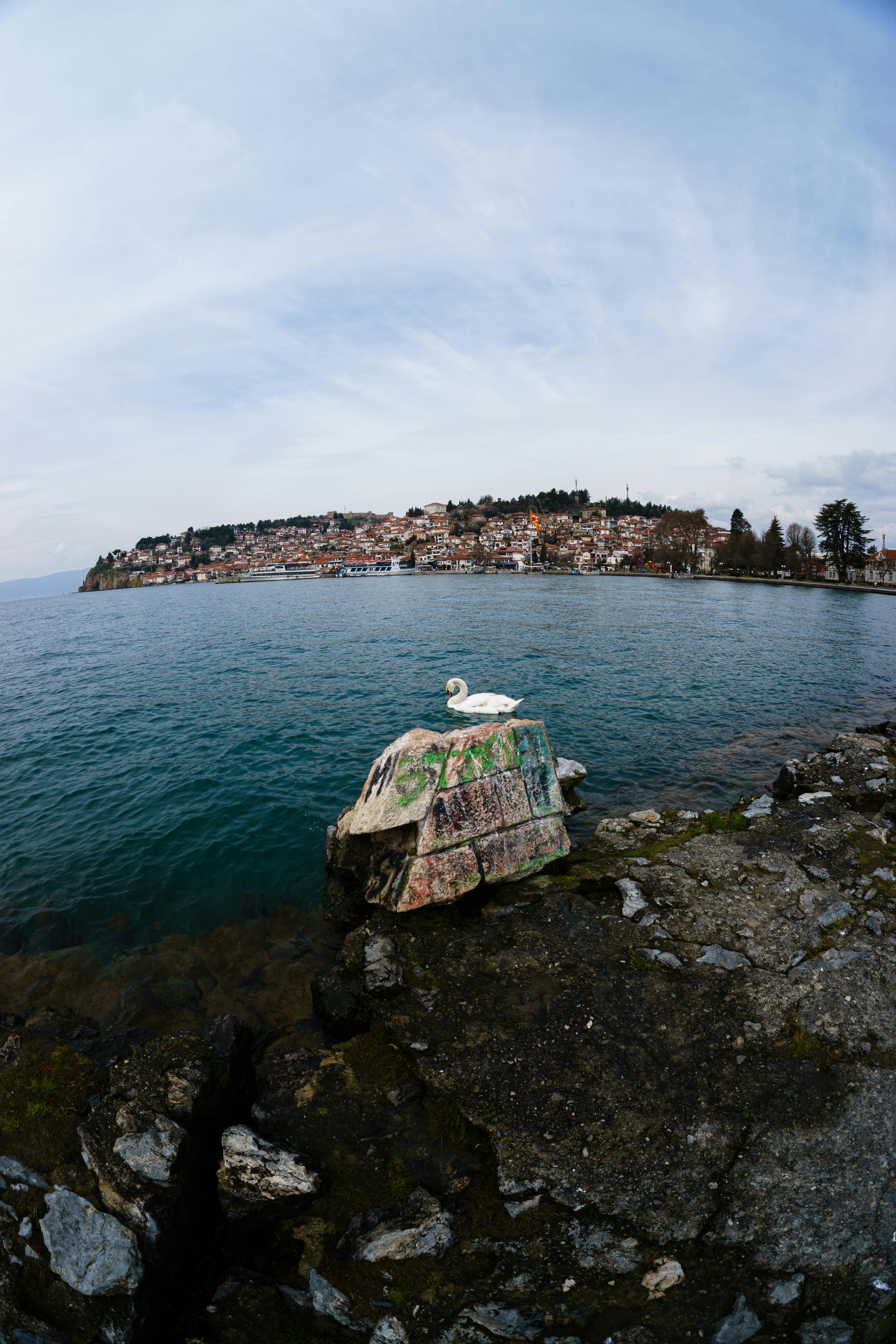 무료 흐린 하늘 아래 북마케도니아 오흐리드 호수와 유서 깊은 오흐리드 시가지의 전경. 스톡 사진