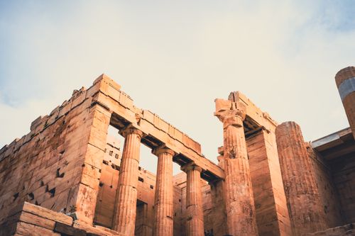 Free View of the iconic Parthenon ruins in Athens, showcasing ancient Greek architecture. Stock Photo