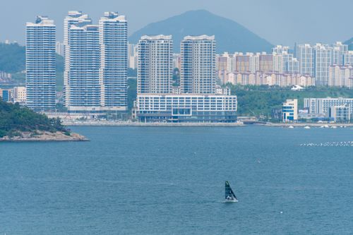 Free Sailboat on a sunny day against a backdrop of modern skyscrapers and a scenic coastal view. Stock Photo