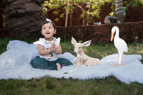 Free A joyful toddler sits on a blanket outdoors, surrounded by a plush deer and a stork toy, enjoying a sunny day. Stock Photo