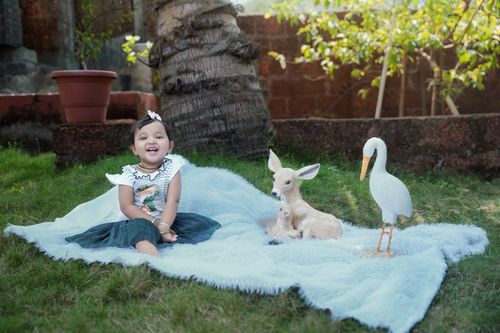 Free A cheerful child sitting on a blanket outdoors with decorative animals. Stock Photo