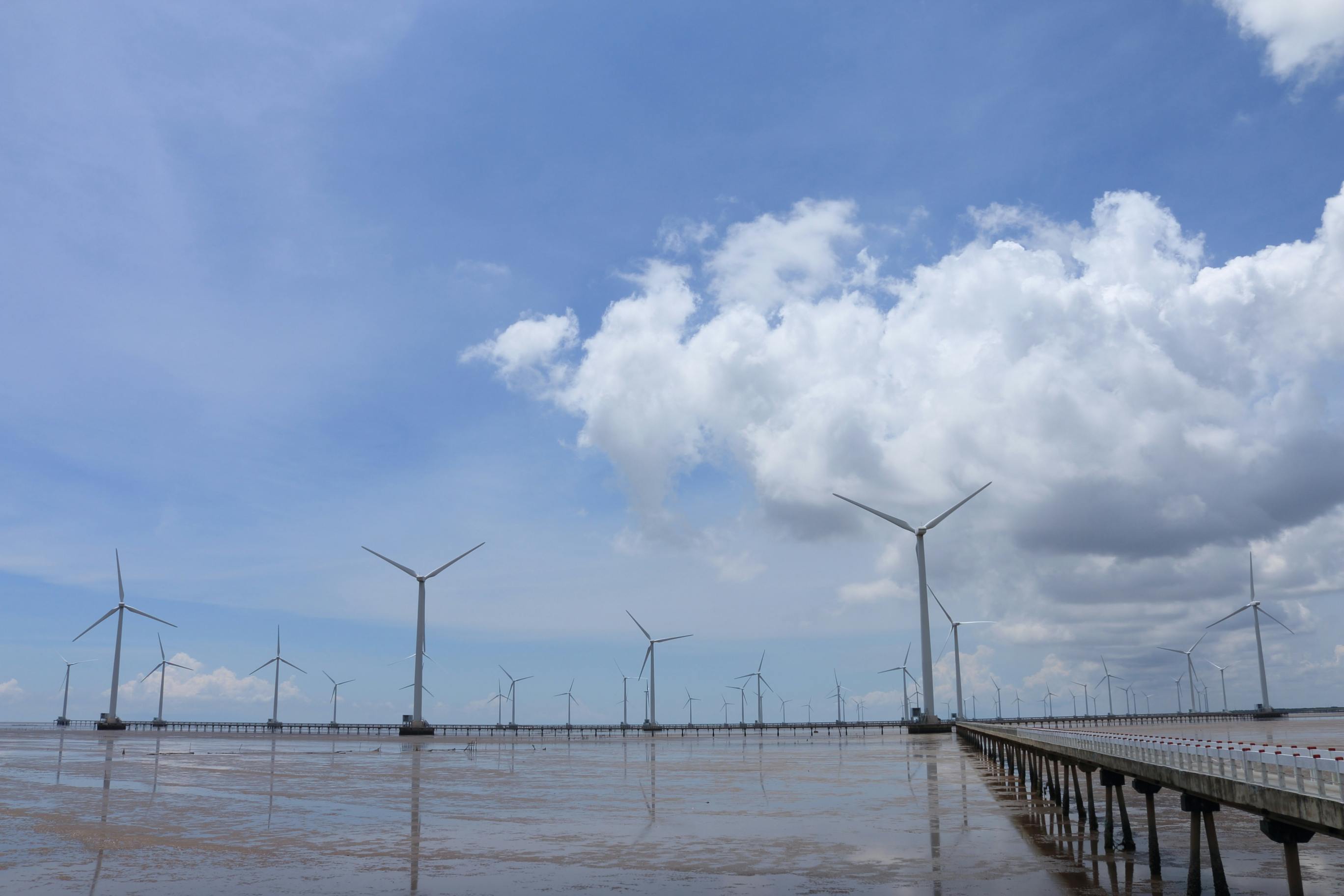 免費 越南海面上，藍天背景下聳立著風力渦輪機，展現了再生能源的景象。 圖庫相片