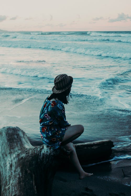 Free Photo of Woman in Floral Dress Sitting Alone on a Log by the Beach Overlooking the Horizon Stock Photo
