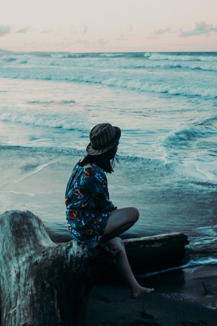 Photo Of Woman In Floral Dress Sitting Alone On A Log By The Beach Overlooking The Horizon