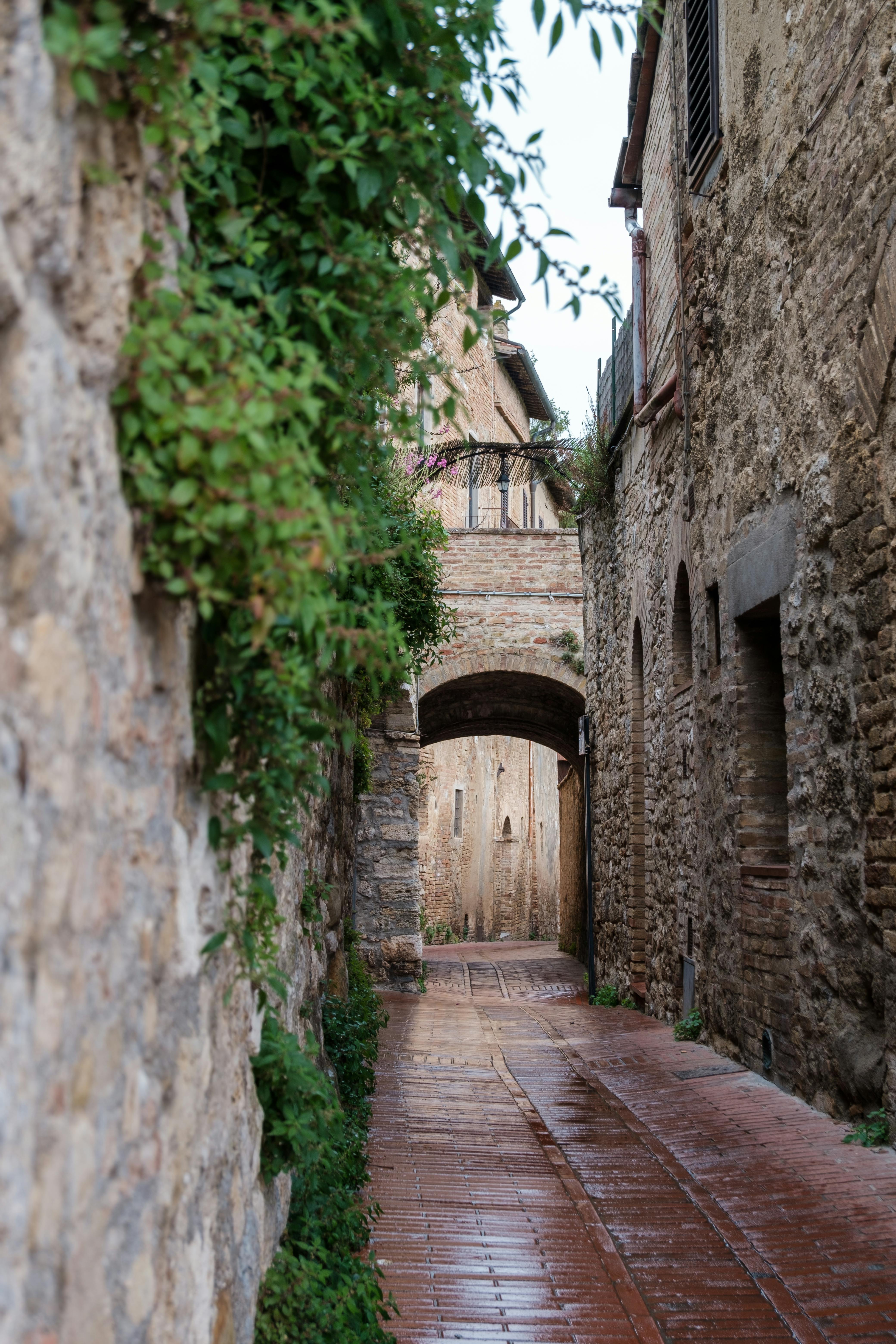 무료 고풍스러운 돌담으로 둘러싸인 소박한 자갈길 골목을 거닐어 보세요. 스톡 사진