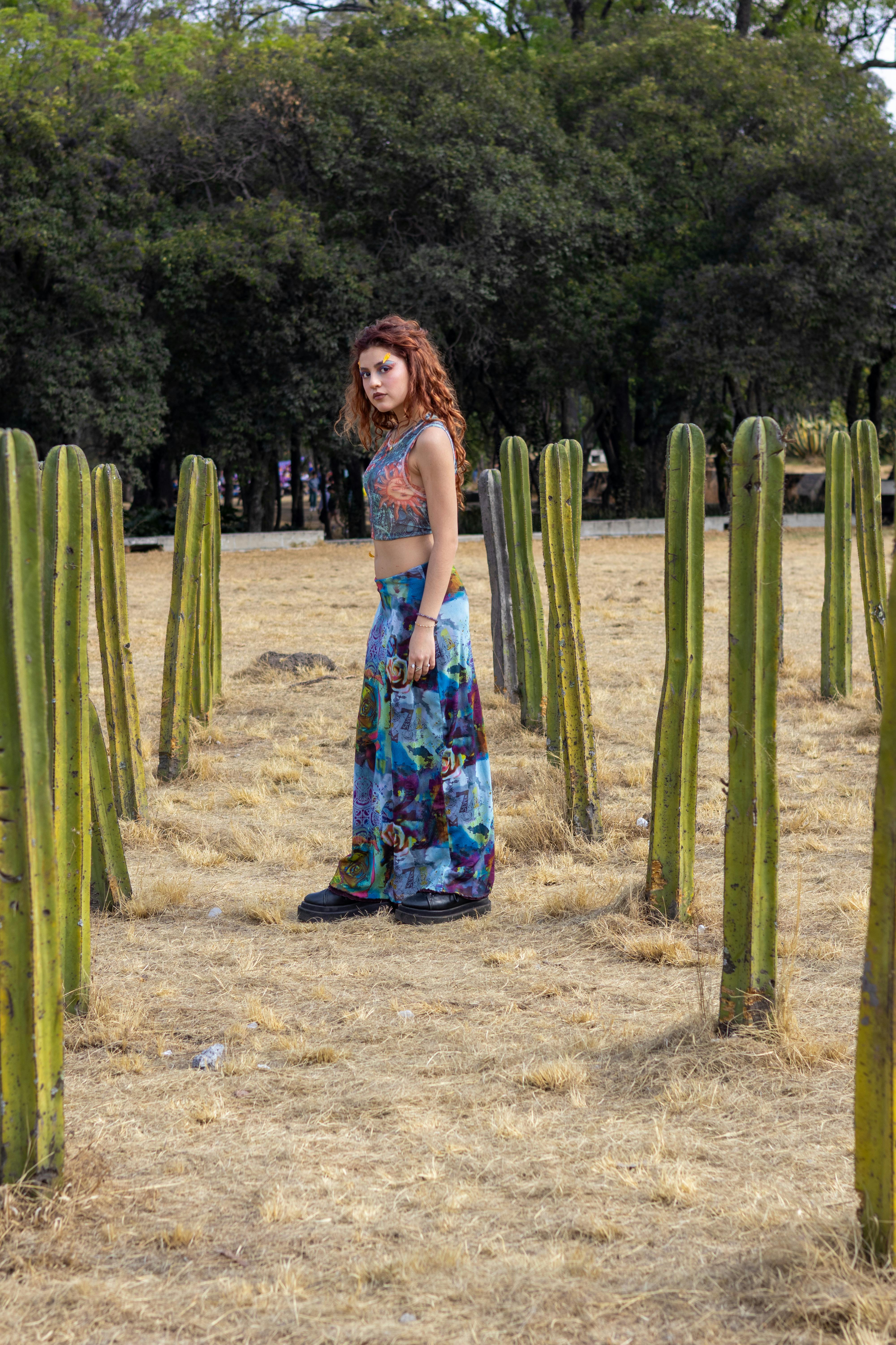 Безкоштовне Жінка в барвистому вбранні прогулюється кактусовим полем у сонячний день. стокове фото