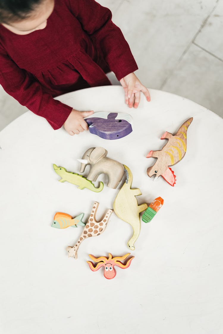 Overhead Photo Of Young Girl In Red Dress Playing With Wooden Toys