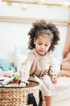 一个年轻女孩在温暖舒适的室内玩着玩具