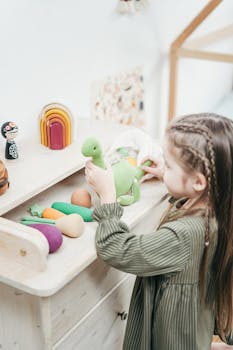 一个扎着辫子的年轻女孩在明亮的游戏室里玩玩具