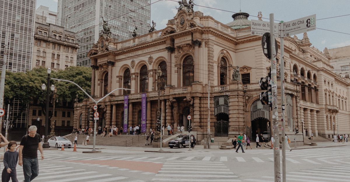 São Paulo Municipal Market interior with stained glass windows and market stalls