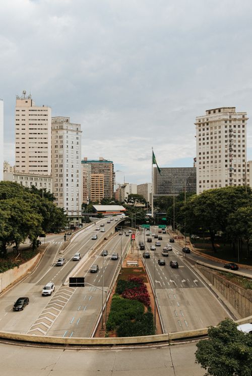 Free A bustling view of São Paulo's downtown traffic, showcasing the city's dynamic urban landscape. Stock Photo