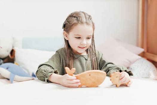 A young girl with braided hair is happily playing with wooden animal toys inside a cozy room.
