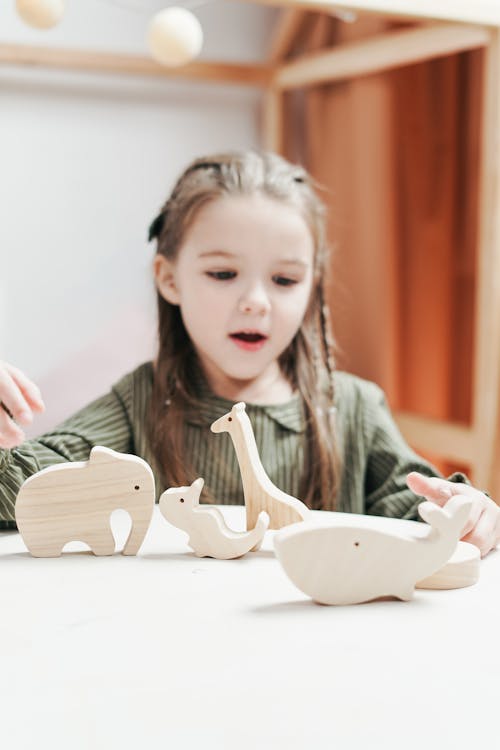 Girl Playing with Wooden Toy Animals