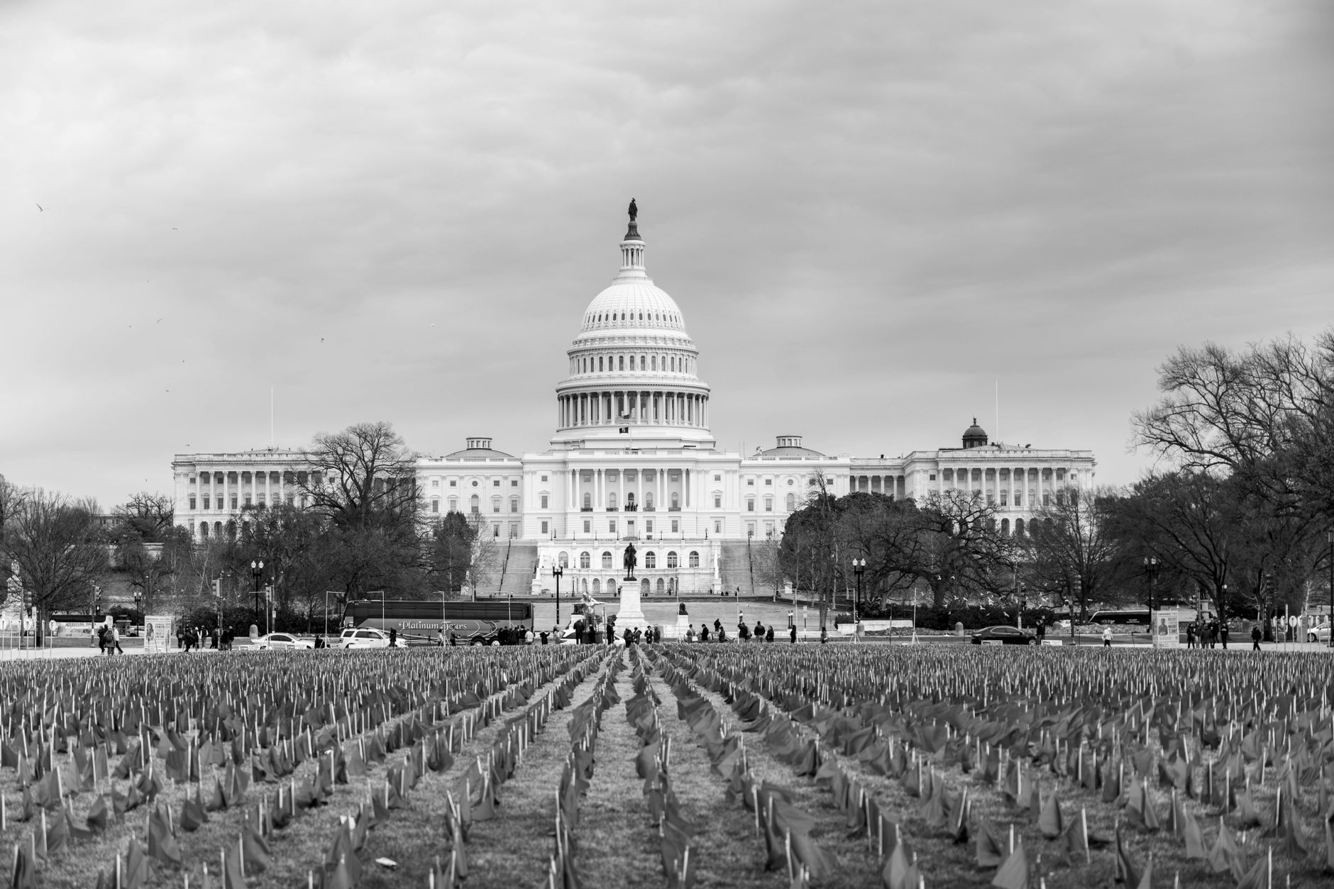 Black and white image of the iconic US Capitol in Washington, D.C., with a field of flags.