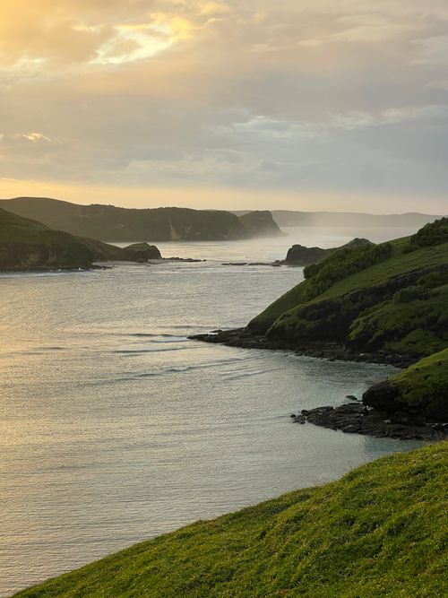 Free Breathtaking view of the Indonesian coastline at sunrise, showcasing lush greenery and tranquil waters. Stock Photo