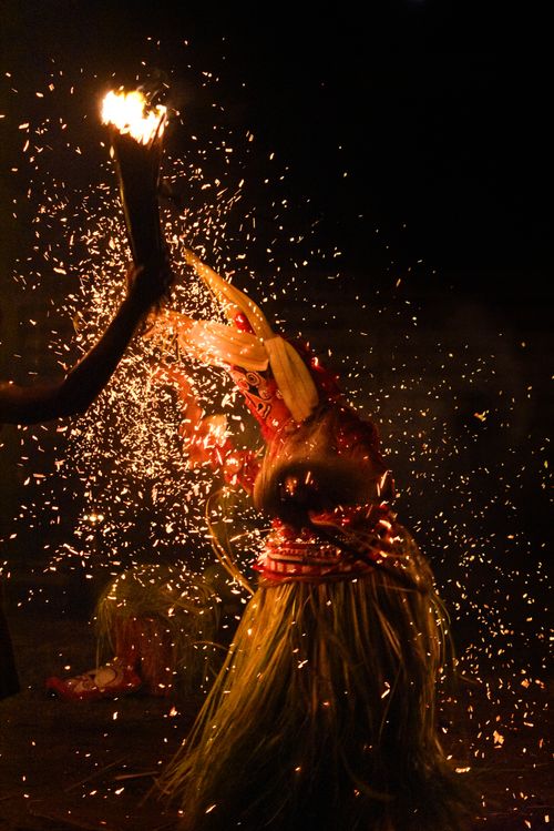 Free Dynamic capture of the traditional Theyyam dance in Kerala, with sparks illuminating the night. Stock Photo