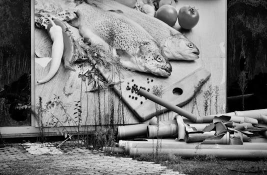 Monochrome photo of fish and vegetables on a cutting board displayed outdoors with pipes.