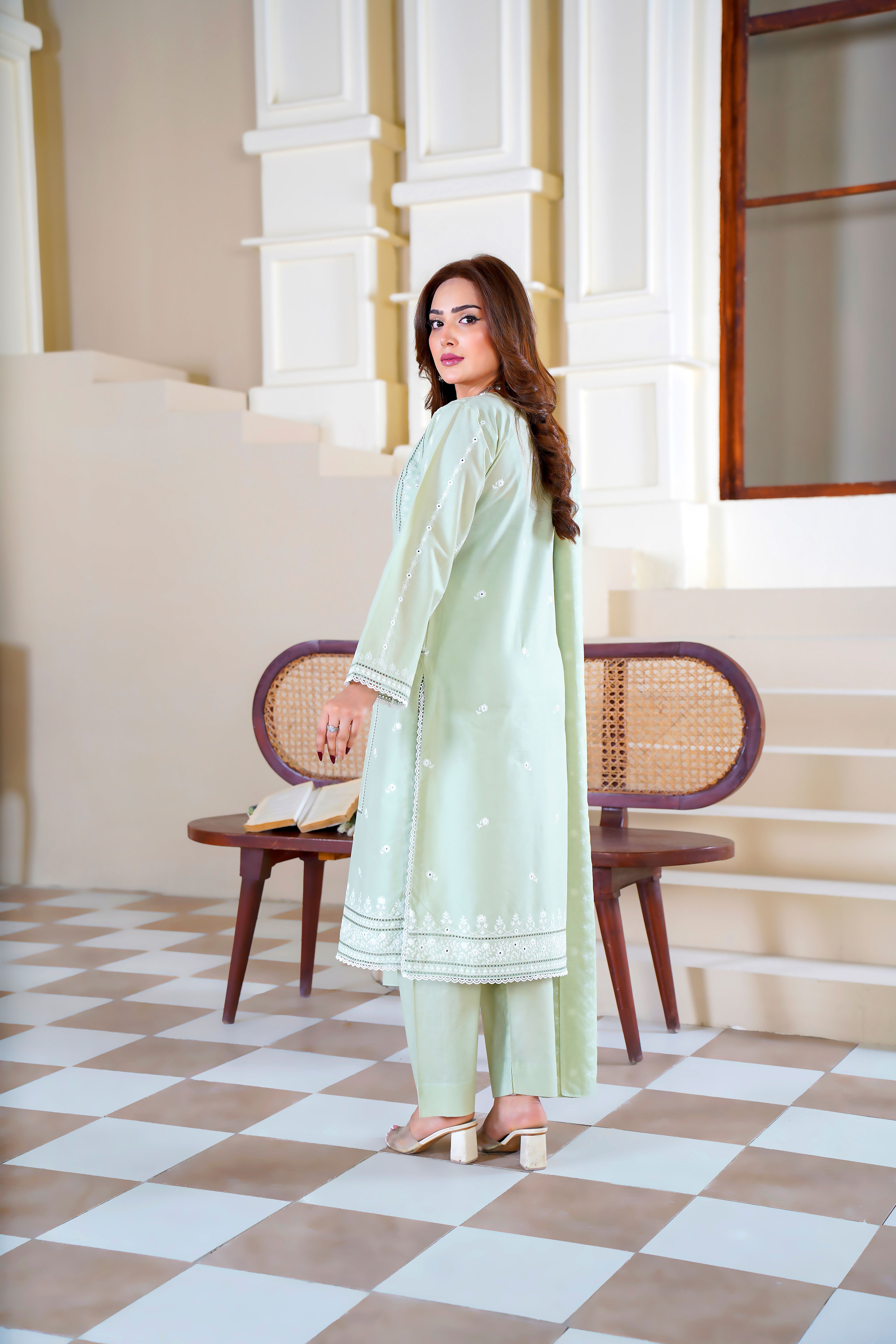 Stylish Pastel Green Embroidered Eastern Dress