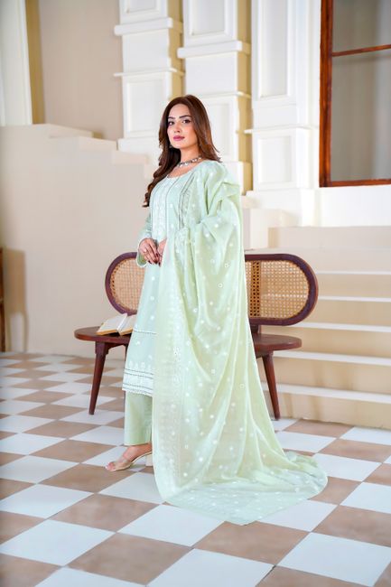 Model in a light green embroidered eastern dress in Lahore