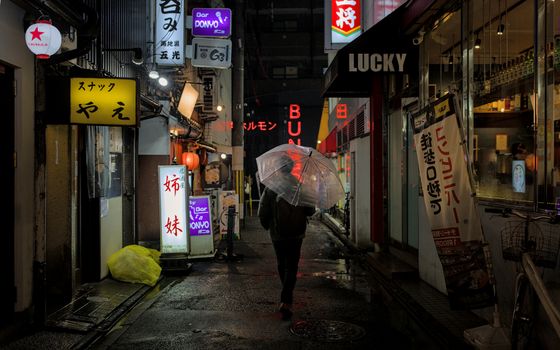 A person with an umbrella walks through a rainy, lantern-lit alley in Kyoto at night.