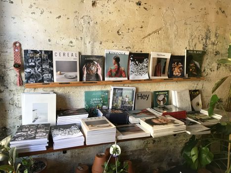 这家质朴的书店，木制书架上摆放着杂志、书籍和室内植物，它们靠在纹理墙壁上