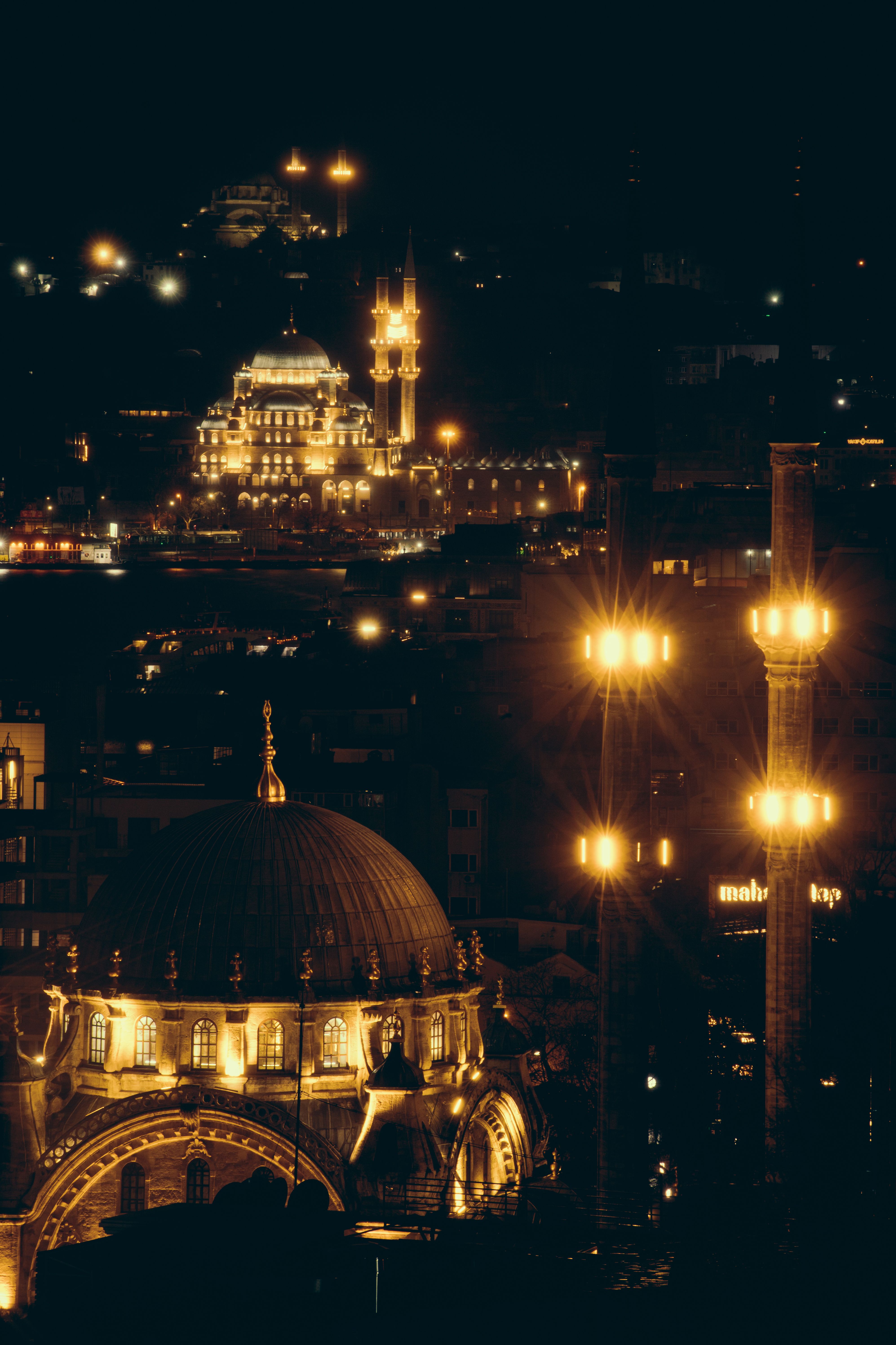 Istanbul Skyline at Night with Illuminated Mosques · Free Stock Photo