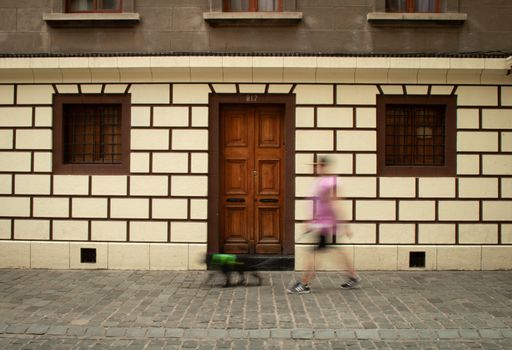 Dynamic street scene in Santiago, Chile, capturing a passerby and dog in motion against a distinct facade.