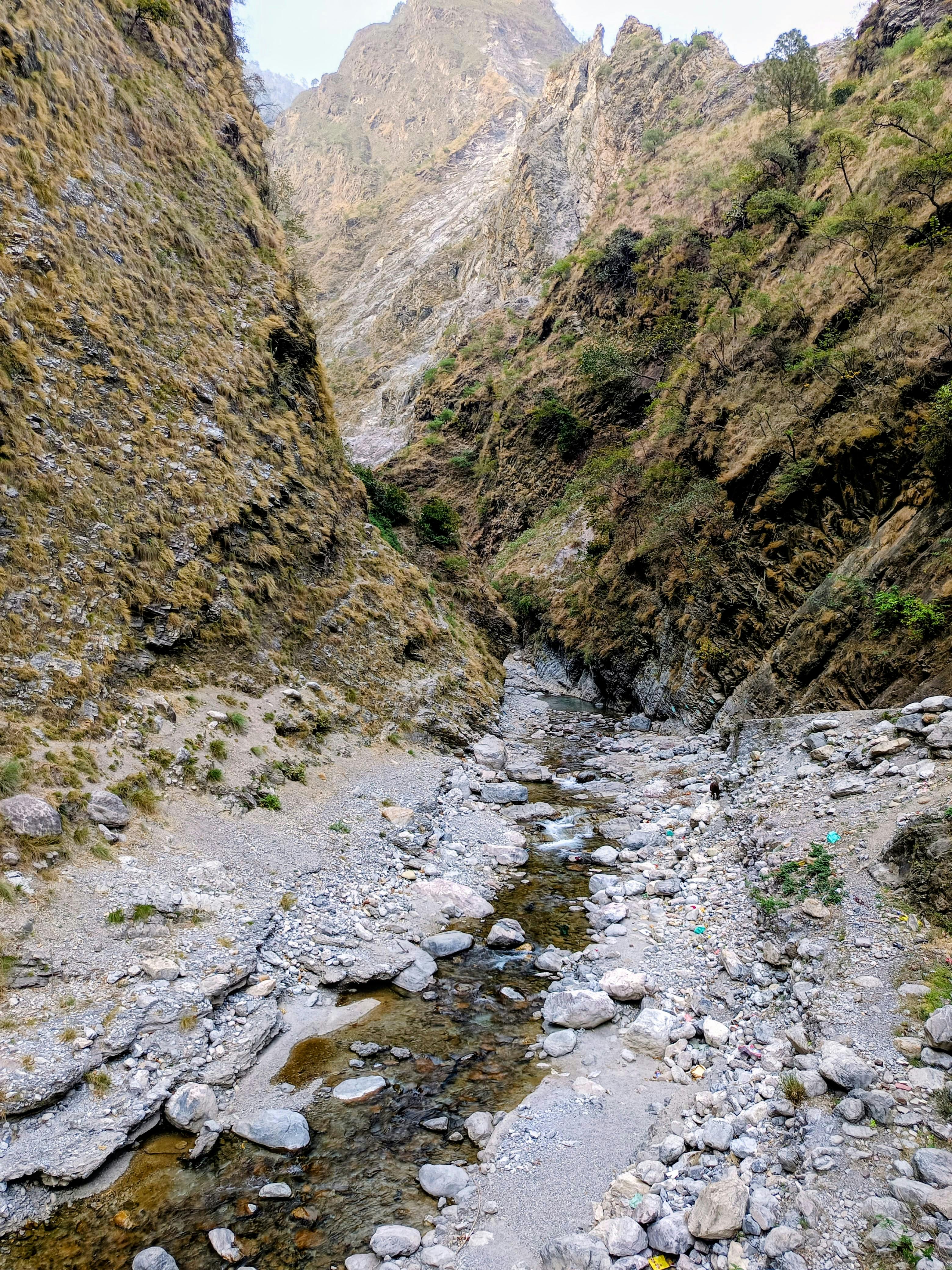 免費 崎嶇的山間峽谷，溪流潺潺流淌在岩石嶙峋的地形和稀疏的植被之間。 圖庫相片