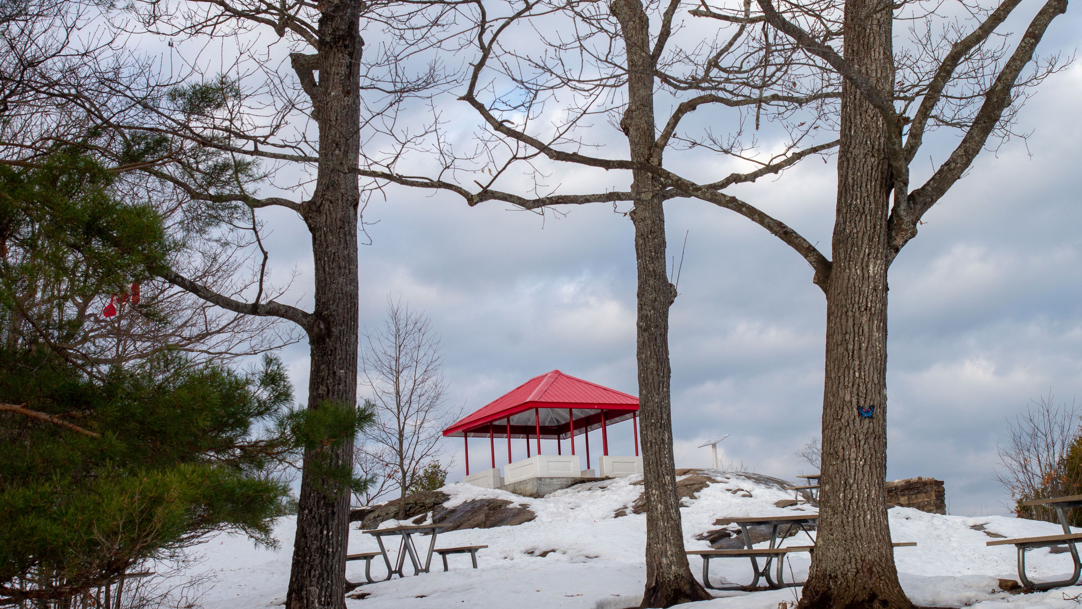 Red-roofed pavilion on a snowy hill surrounded by trees in a winter park setting.
