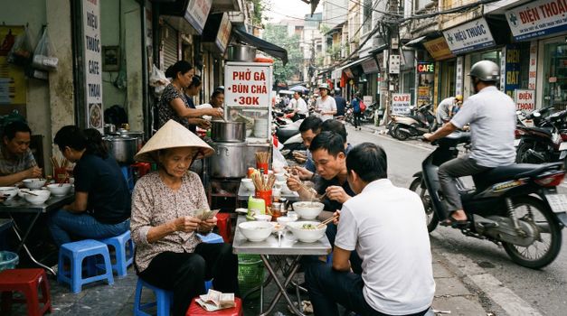 Vibrant street food scene in Hanoi's Old Quarter with locals enjoying Vietnamese cuisine.