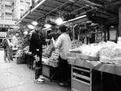 Authentic Black and White Street Market Scene in Hong Kong
